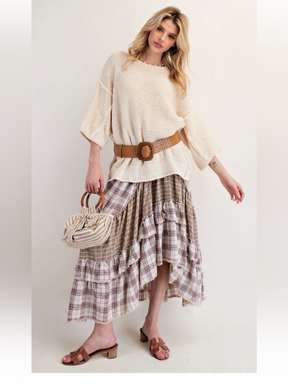 205-0000 NEW POL Taupe Plaid High-Low Tiered Skirt